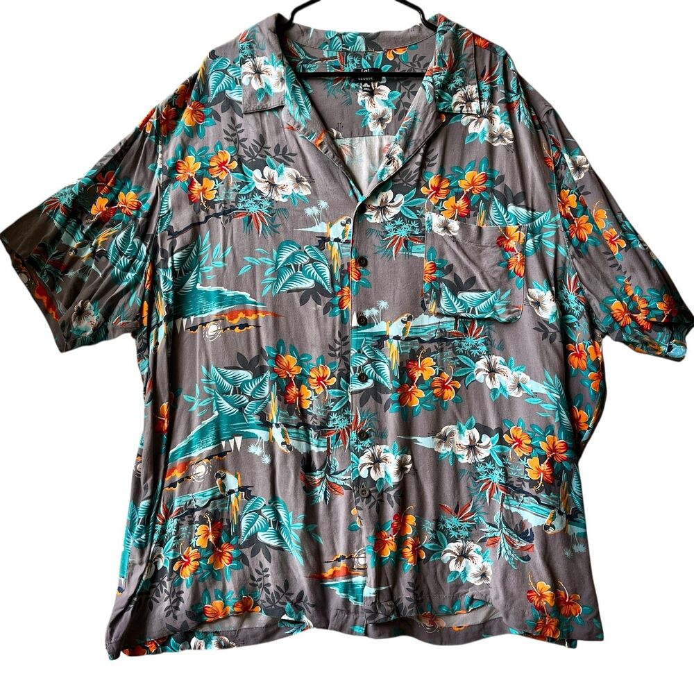 George Mens Hawaiian Camp Shirt 100% Rayon Size 4XL Aqua Gray Floral Parrots